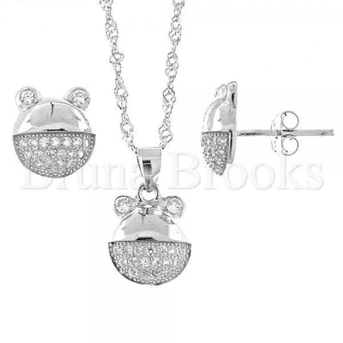 Bruna Brooks Sterling Silver 10.174.0047 Earring and Pendant Adult Set, Teddy Bear Design, with White Micro Pave, Rhodium Tone