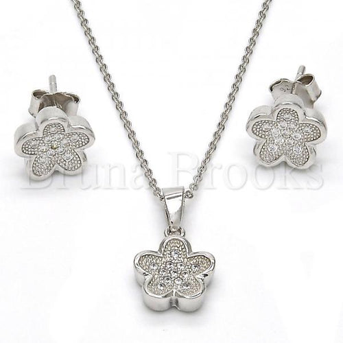 Bruna Brooks Sterling Silver 10.174.0207 Earring and Pendant Adult Set, Flower Design, with White Micro Pave, Polished Finish, Rhodium Tone