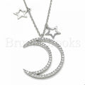 Bruna Brooks Sterling Silver 04.367.0002.26 Fancy Necklace, Moon and Star Design, with White Cubic Zirconia, Polished Finish, Rhodium Tone