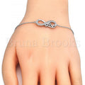 Prata 925 Italiana - Pulseira Trabalhada, Infinito  e Love Design, Com Brilhante de Cristal, Rodinado