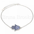 Bruna Brooks Sterling Silver 03.336.0077.08 Fancy Bracelet, Hand of God and Greek Eye Design, with White Micro Pave, Blue Enamel Finish, Rhodium Tone