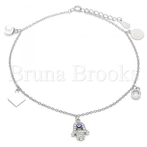 Bruna Brooks Sterling Silver 03.336.0048.10 Charm Anklet , Hand of God and Greek Eye Design, with White Cubic Zirconia and Ivory Pearl, Blue Enamel Finish, Rhodium Tone