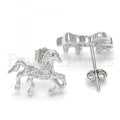 Prata 925 Italiana - Brinco de Tarrachinha de Pressão, Horse Design, com Micro Pave, Rodinado