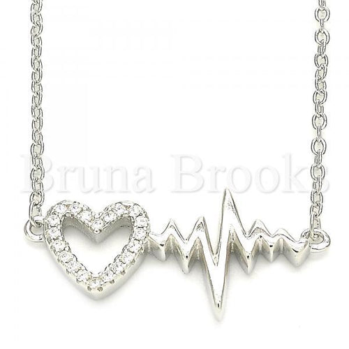 Bruna Brooks Sterling Silver 04.336.0153.16 Fancy Necklace, Heart Design, with White Crystal, Polished Finish, Rhodium Tone