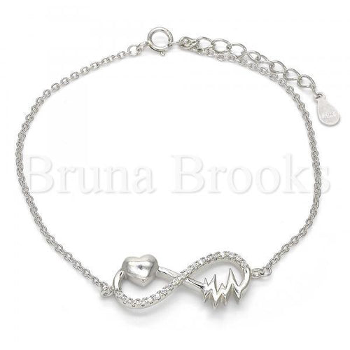 Bruna Brooks Sterling Silver 03.336.0014.07 Fancy Bracelet, Infinite and Heart Design, with White Crystal, Polished Finish, Rhodium Tone