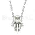 Prata 925 Italiana - Gargantilha Trabalhada,  Hamsa, Mão de Deus e  Estilo de Coração, Com Brilhante de Cristal, Rodinado