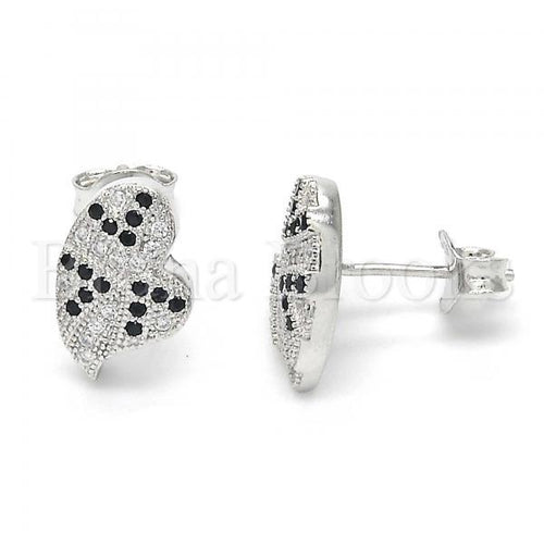 Bruna Brooks Sterling Silver 02.186.0074 Stud Earring, Heart Design, with Black and White Micro Pave, Polished Finish, Rhodium Tone