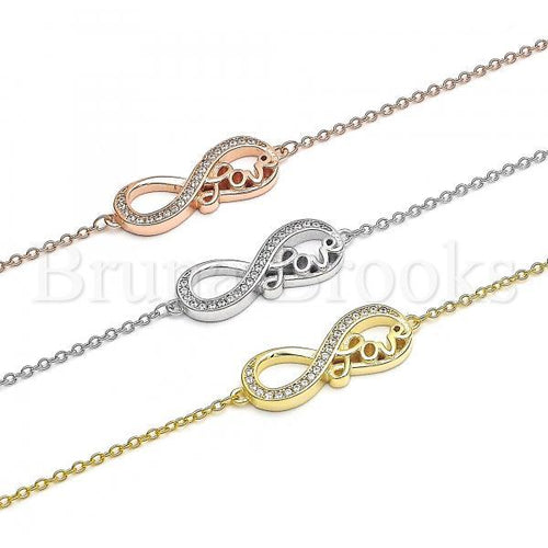 Prata 925 Italiana - Pulseira Trabalhada, Infinito  e Love Design, Com Brilhante de Cristal, Rodinado