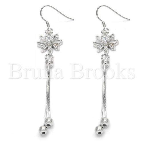 Bruna Brooks Sterling Silver 02.183.0025 Long Earring, Flower Design, with White Cubic Zirconia, Polished Finish, Rhodium Tone