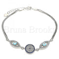 Bruna Brooks Sterling Silver 03.286.0026.07 Fancy Bracelet, Greek Eye Design, with Sapphire Blue and White Cubic Zirconia, Turquoise Enamel Finish, Rhodium Tone