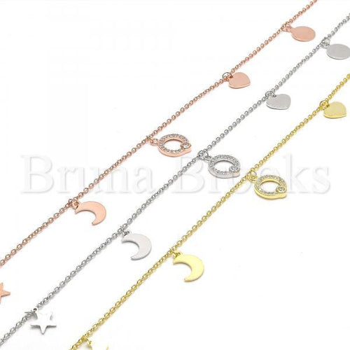 Prata 925 Italiana - Tornozeleira com Pingente  , Lua e  Estilo Estrelinha, Com Zirconia, Rodinado