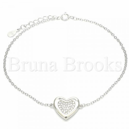 Bruna Brooks Sterling Silver 03.336.0081.08 Fancy Bracelet, Heart Design, with White Crystal, Polished Finish, Rhodium Tone