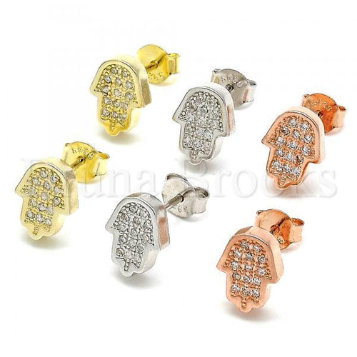 Prata 925 Italiana - Brinco de Tarrachinha de Pressão, Hamsa, Mão de Deus, com Micro Pave, Rodinado