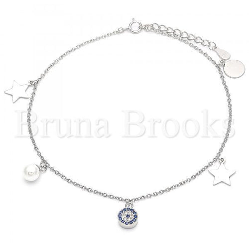 Bruna Brooks Sterling Silver 03.336.0046.10 Charm Anklet , Star Design, with Sapphire Blue and White Crystal, Polished Finish, Rhodium Tone