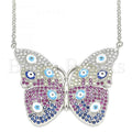 Bruna Brooks Sterling Silver 04.336.0215.16 Fancy Necklace, Butterfly and Greek Eye Design, with White Micro Pave, Multicolor Enamel Finish, Rhodium Tone