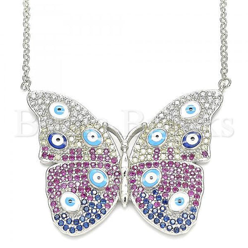 Bruna Brooks Sterling Silver 04.336.0215.16 Fancy Necklace, Butterfly and Greek Eye Design, with White Micro Pave, Multicolor Enamel Finish, Rhodium Tone