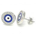 Prata 925 Italiana - Brinco de Tarrachinha de Pressão, Greek Eye Design, Com Brilhante de Cristal, Rodinado