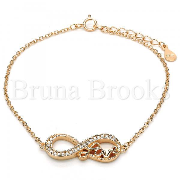 Prata 925 Italiana - Pulseira Trabalhada, Infinito  e Love Design, Com Brilhante de Cristal, Rodinado