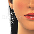 Prata 925 Italiana - 02.367.0016 Brinco Longo, Estilo Estrelinha, com Black Diamond  e Zirconia , Polimento Extra Fino, Rodinado