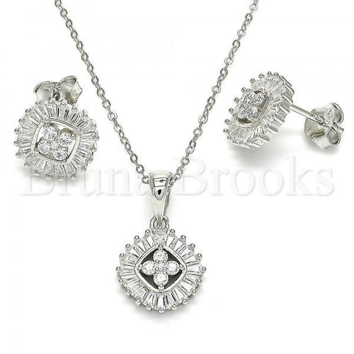 Bruna Brooks Sterling Silver 10.286.0040 Earring and Pendant Adult Set, Flower Design, with White Cubic Zirconia, Polished Finish, Rhodium Tone