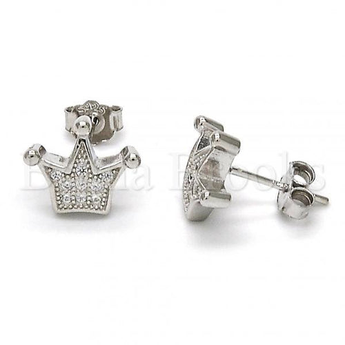 Bruna Brooks Sterling Silver 02.175.0054 Stud Earring, Crown Design, with White Micro Pave, Polished Finish, Rhodium Tone