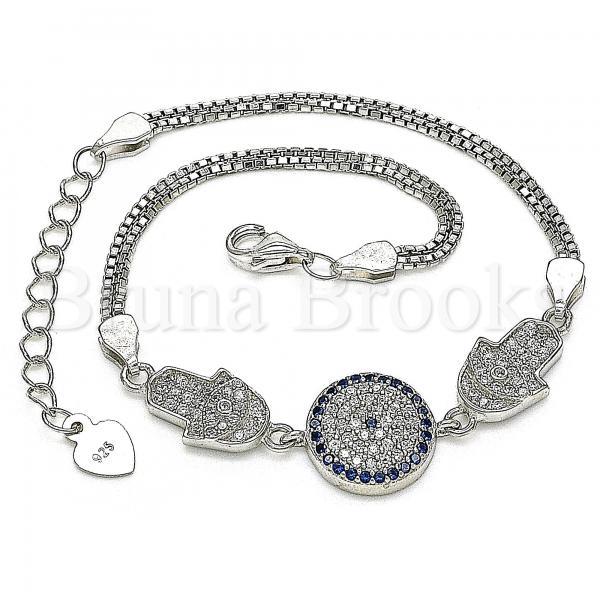 Prata 925 Italiana - 03.286.0029.07 Pulseira Trabalhada, Hamsa, Mão de Deus, com Sapphire Blue e  Micro Pave, Polimento Extra Fino, Rodinado