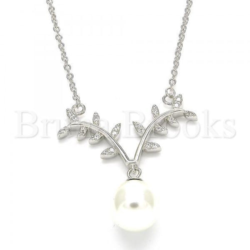 Bruna Brooks Sterling Silver 04.336.0136.16 Fancy Necklace, with White Cubic Zirconia and Ivory Pearl, Polished Finish, Rhodium Tone