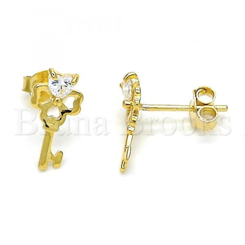 Bruna Brooks Sterling Silver 02.285.0072 Stud Earring, key and Heart Design, with White Cubic Zirconia, Polished Finish, Golden Tone