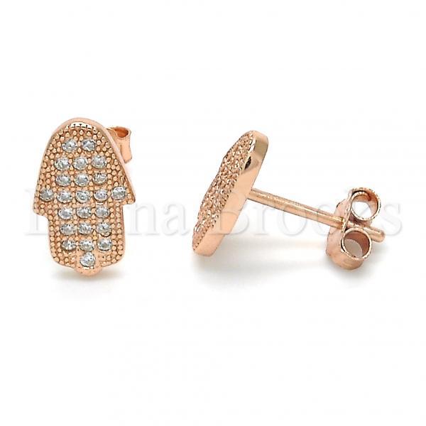 Prata 925 Italiana - Brinco de Tarrachinha de Pressão, Hamsa, Mão de Deus, com Micro Pave, Folheado a Ouro Sobre Prata 925