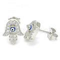 Prata 925 Italiana - Brinco de Tarrachinha de Pressão, Hamsa, Mão de Deus e Olho Grego, Com Brilhante de Cristal, Rodinado