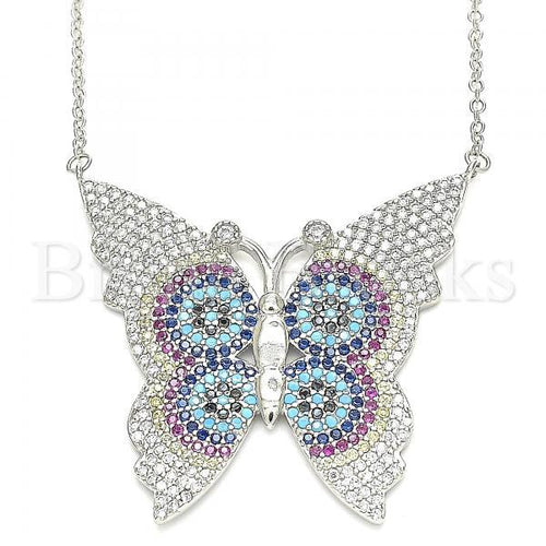 Bruna Brooks Sterling Silver 04.336.0216.16 Fancy Necklace, Butterfly Design, with Multicolor Micro Pave, Polished Finish, Rhodium Tone