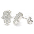 Prata 925 Italiana - Brinco de Tarrachinha de Pressão, Hamsa, Mão de Deus, Com Zirconia, Rodinado