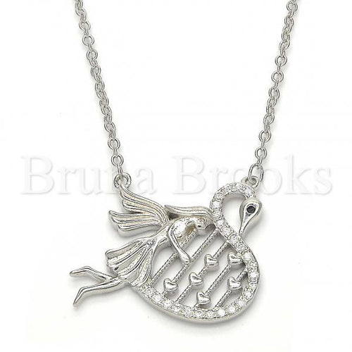 Bruna Brooks Sterling Silver 04.336.0038.16 Fancy Necklace, Swan Design, with Black and White Micro Pave, Polished Finish, Rhodium Tone