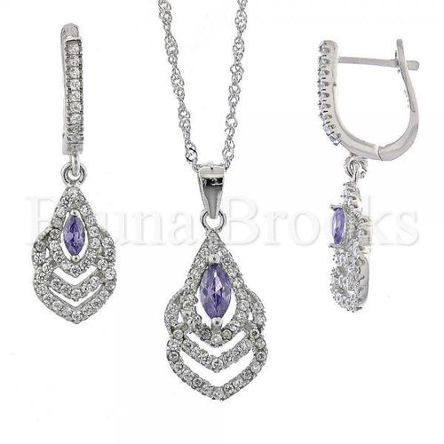 Bruna Brooks Sterling Silver 10.174.0017 Earring and Pendant Adult Set, with White Micro Pave and Amethyst Cubic Zirconia, Rhodium Tone