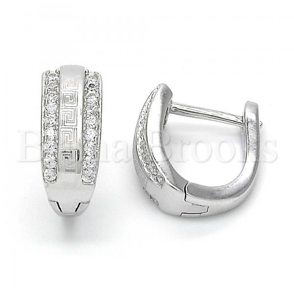 Prata 925 Italiana - Argolinha Huggie, Greek Key Design, Com Zirconia, Rodinado