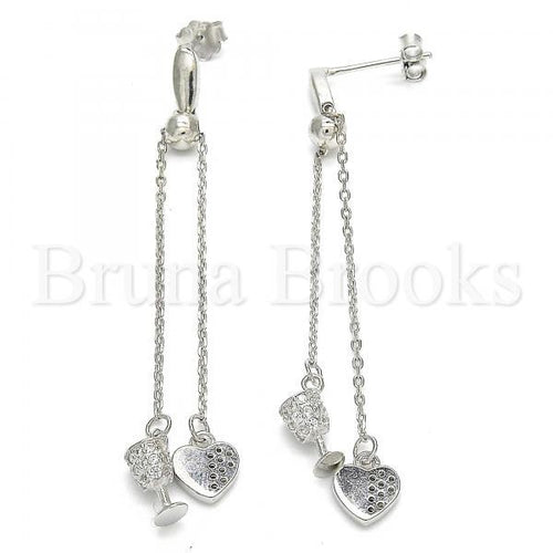 Bruna Brooks Sterling Silver 02.186.0082 Long Earring, Heart and Drink Glass Design, with White Micro Pave, Polished Finish, Rhodium Tone