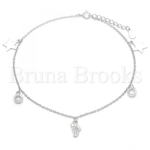 Bruna Brooks Sterling Silver 03.336.0053.10 Charm Anklet , Feet and Star Design, with White Cubic Zirconia, Polished Finish, Rhodium Tone