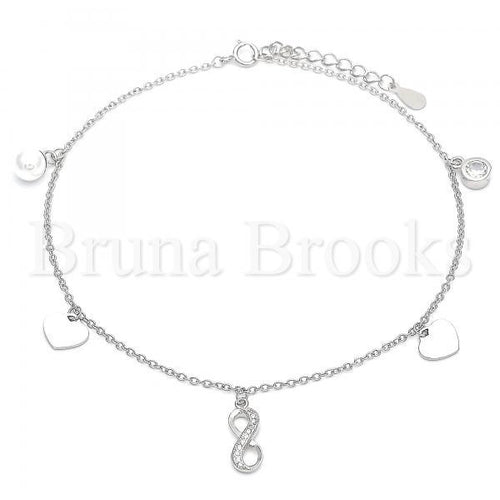 Bruna Brooks Sterling Silver 03.336.0047.10 Charm Anklet , Infinite and Heart Design, with White Micro Pave and White Cubic Zirconia, Polished Finish, Rhodium Tone