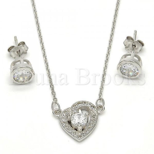 Bruna Brooks Sterling Silver 10.186.0001 Necklace and Earring, Heart Design, with White Micro Pave and White Cubic Zirconia, Polished Finish, Rhodium Tone