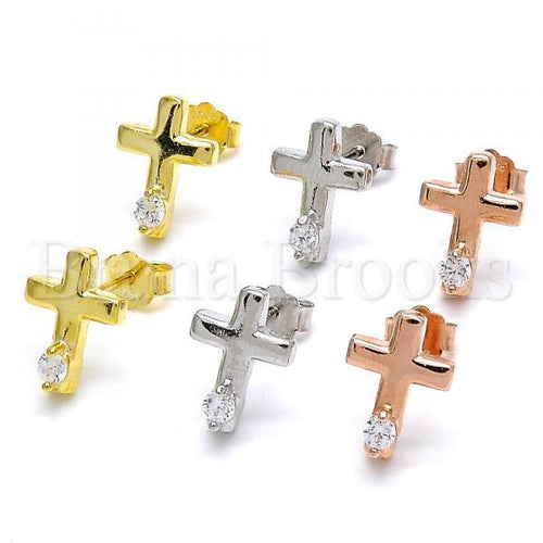 Prata 925 Italiana - Brinco de Tarrachinha de Pressão, Cruz, Com Zirconia, Rodinado