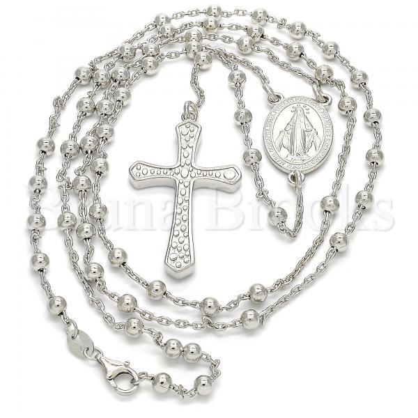 Prata 925 Italiana - 09.285.0003.28 Thin Rosary, Virgem Maria  e Cruz, Polimento Extra Fino, Rodinado