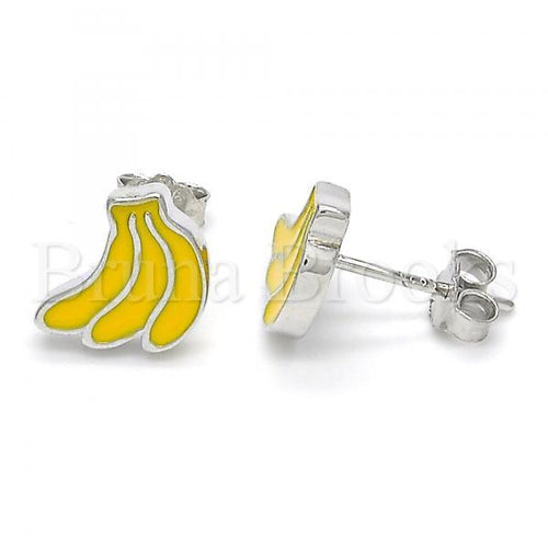 Prata 925 Italiana - 02.336.0018 Brinco de Tarrachinha de Pressão, Banana Design, Yellow Enamel Acabamento Final, Rodinado