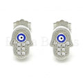 Prata 925 Italiana - Brinco de Tarrachinha de Pressão, Hamsa, Mão de Deus e Olho Grego, com Micro Pave, Rodinado