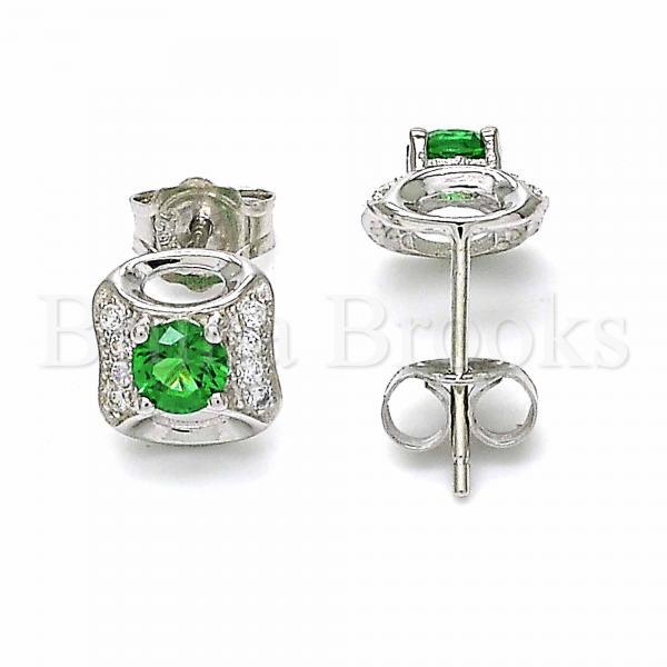 Prata 925 Italiana - 02.367.0024 Brinco de Tarrachinha de Pressão, com Verde  e Zirconia , Polimento Extra Fino, Rodinado