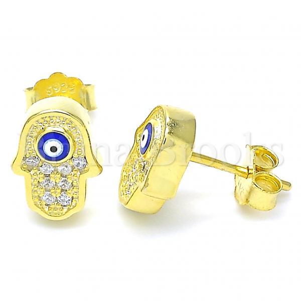 Prata 925 Italiana - Brinco de Tarrachinha de Pressão, Hamsa, Mão de Deus e Olho Grego, com Micro Pave, Rodinado