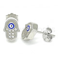 Prata 925 Italiana - Brinco de Tarrachinha de Pressão, Hamsa, Mão de Deus e Olho Grego, com Micro Pave, Rodinado